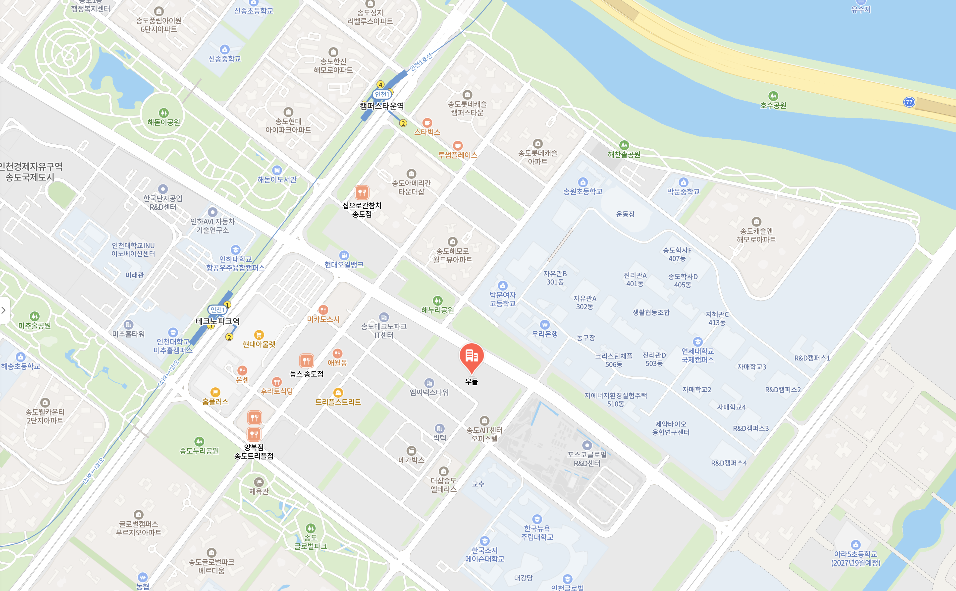 주식회사 우들 본사 위치 지도 — 인천 송도 AT센터